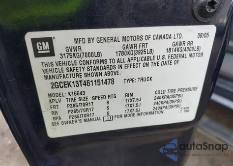 2006 Chevrolet Silverado 1500 Lt2 из США, поврежденный, VIN 2GCEK13T461151478